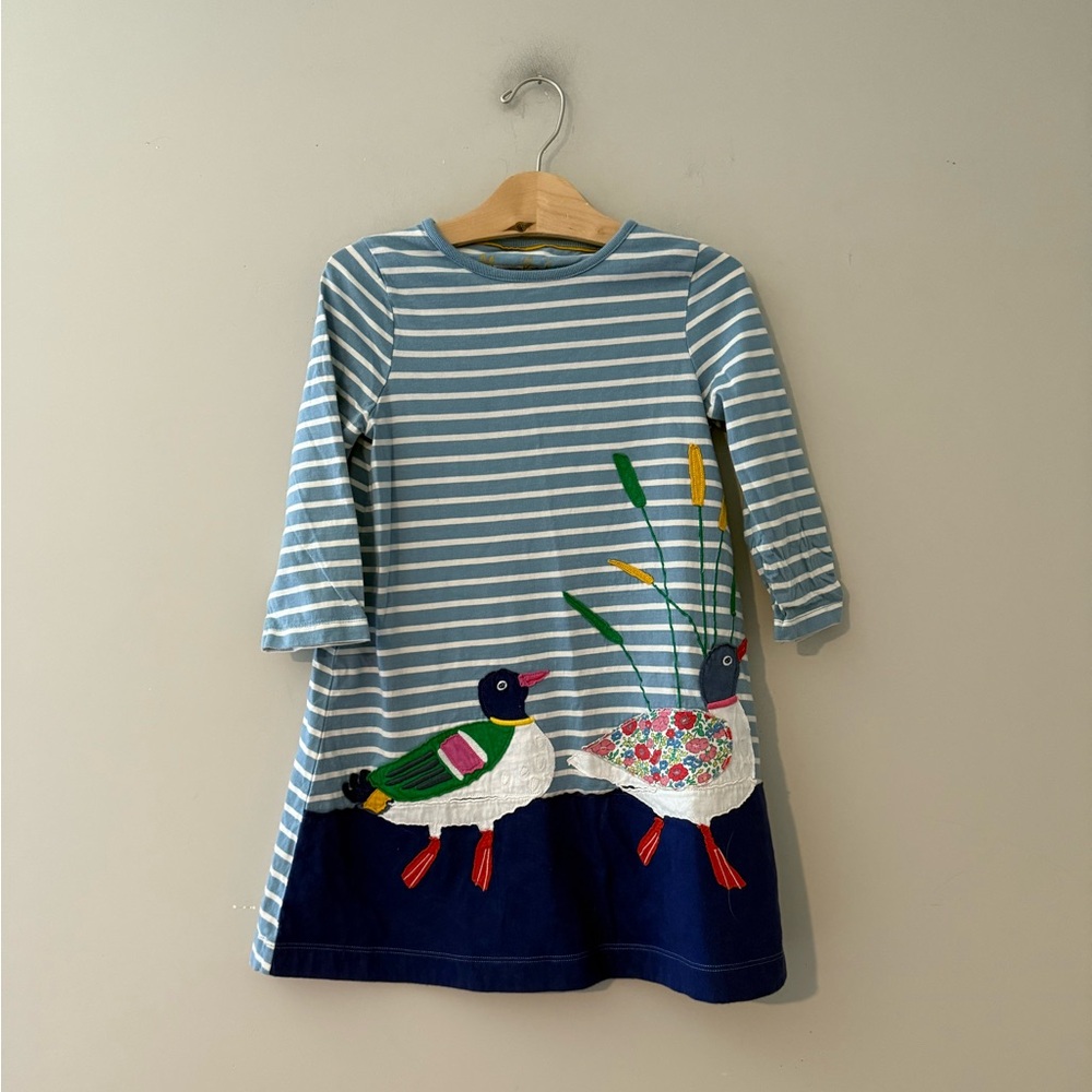 $26 ADD‎ ON Mini Boden Blue Stripe Dress Embroidered 7-8Y Hanna Andersson Zara